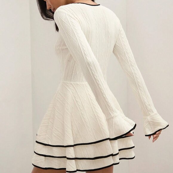 Multicolor Casual Women's Old Money Patchwork Trim Layered Hem Dress - Picture 2 of 6